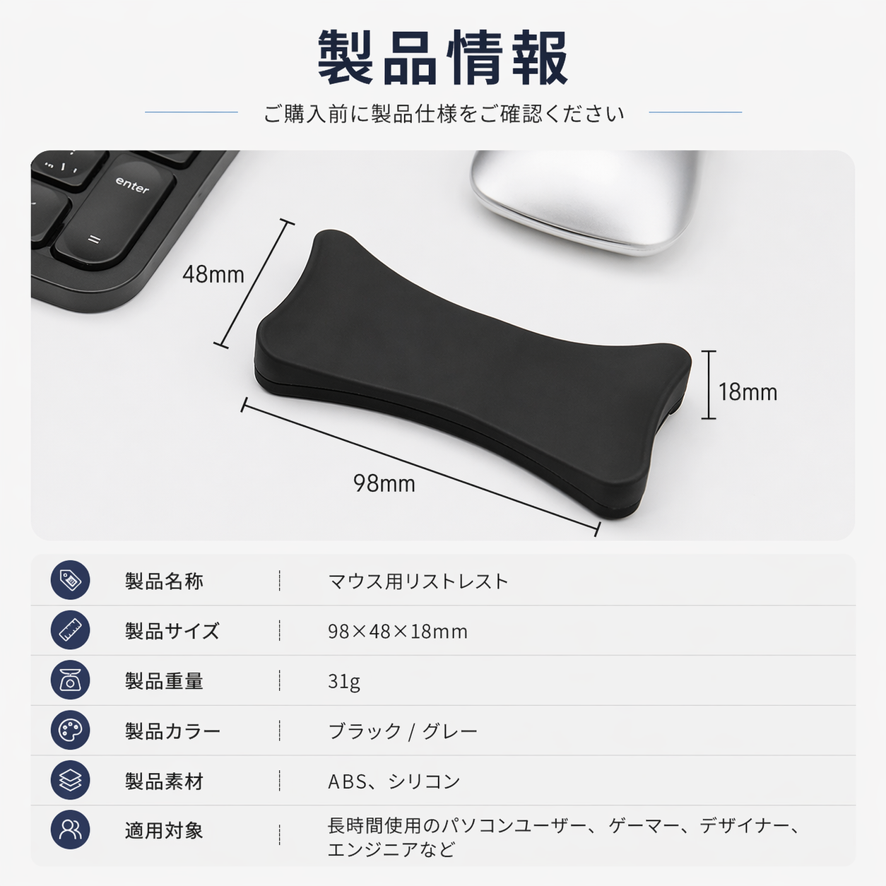 ゴム製 マウス用リストサポートパッド